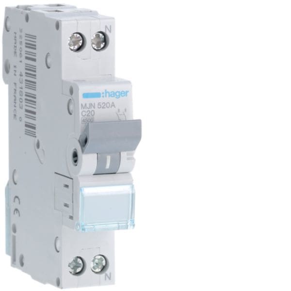 HAGER BOCCHIOTTI - Interruttore Automatico Magnetotermico 1 Polo+N 20 A 4.5 Ka Curva C 1 M. Din