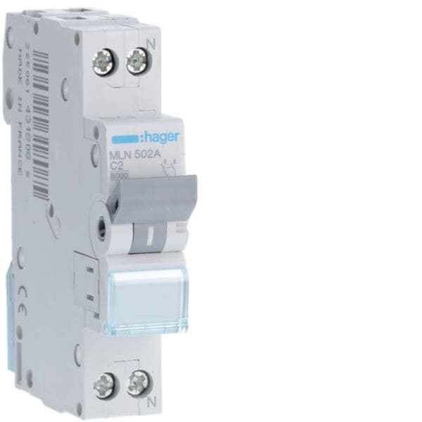 HAGER BOCCHIOTTI - Interruttore Automatico Magnetotermico 1 Polo+N 2 A 6 Ka Curva C 1 M. Din