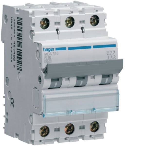 HAGER BOCCHIOTTI - Interruttore Automatico Magnetotermico 3 Poli 16 A 4.5 Ka Curva B 3 M. Din