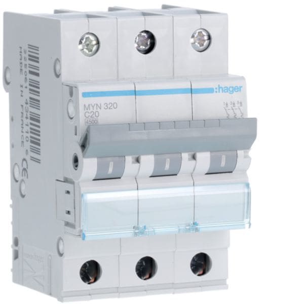 HAGER BOCCHIOTTI - Interruttore Automatico Magnetotermico 3 Poli 20 A 4.5 Ka Curva C 3 M. Din