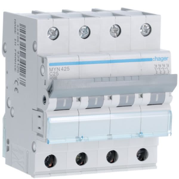 HAGER BOCCHIOTTI - Interruttore Automatico Magnetotermico 4 Poli 25 A 4.5 Ka Curva C 4 M. Din