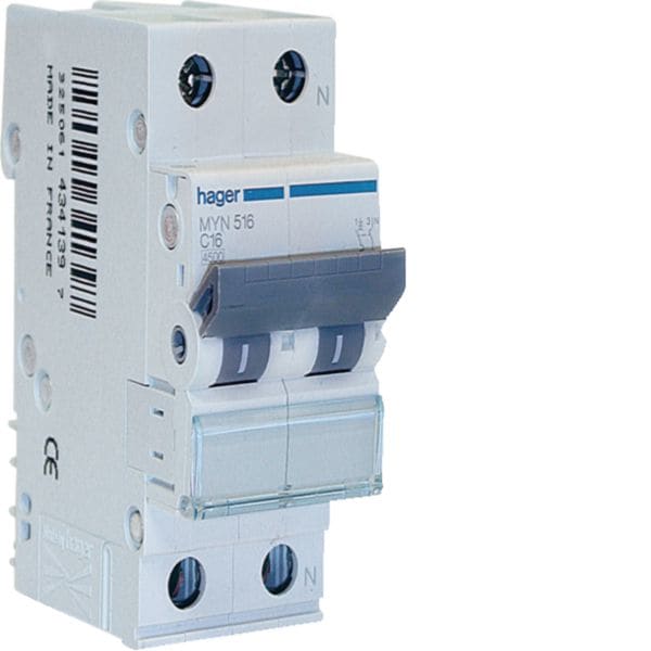 HAGER BOCCHIOTTI - Interruttore Automatico 1P+N 4.5Ka C-16A 2M