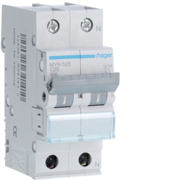 HAGER BOCCHIOTTI - Interruttore Automatico Magnetotermico 1 Polo+N 25 A 4.5 Ka Curva C 2 M. Din