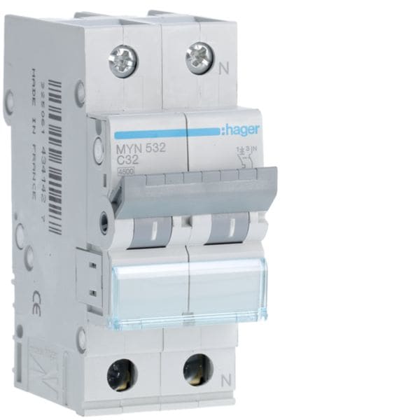 HAGER BOCCHIOTTI - Interruttore Automatico Magnetotermico 1 Polo+N 32 A 4.5 Ka Curva C 2 M. Din