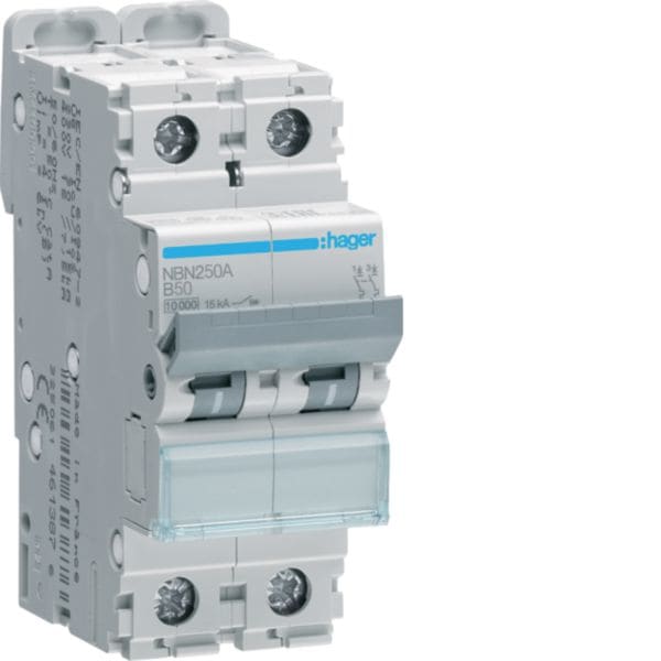 HAGER BOCCHIOTTI - Interruttore Automatico Magnetotermico 2 Poli 50 A 10 Ka Curva B 2 M. Din