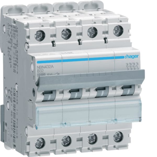 HAGER BOCCHIOTTI - Interruttore Automatico Magnetotermico 4 Poli 32 A 10 Ka Curva B 4 M.