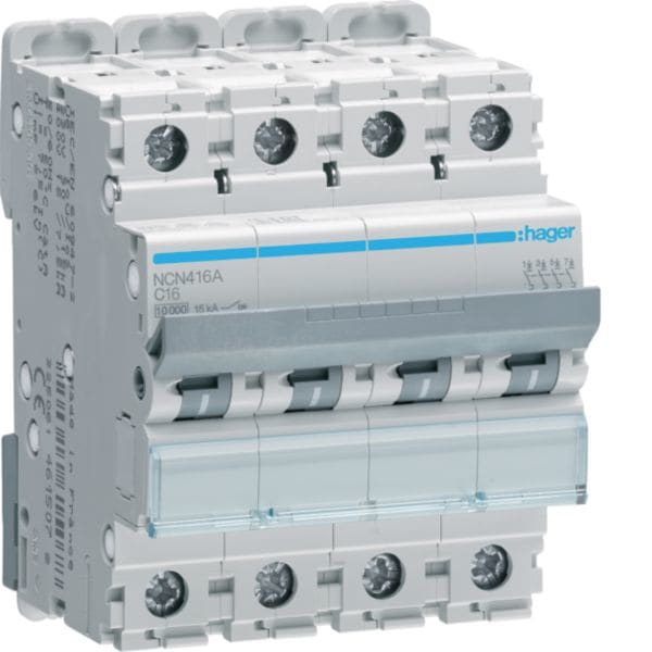 HAGER BOCCHIOTTI - Interruttore Automatico Magnetotermico 4 Poli 16 A 10 Ka Curva C 4 M.