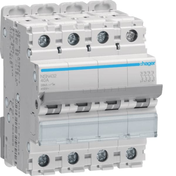 HAGER BOCCHIOTTI - Interruttore Automatico Magnetotermico 4 Poli 32 A 20 Ka Curva D 4 M. Din