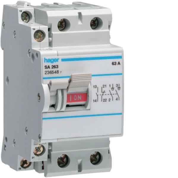 HAGER BOCCHIOTTI - Inter. Di Manovra - Sez. 2 Poli 63 A 250 V Ac Access. + 1 Cont. Aux 2.5 M. Din