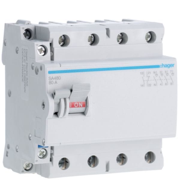 HAGER BOCCHIOTTI - Inter. Di Manovra - Sez. 4 Poli 80 A 400 V Ac Access. + 1 Cont. Aux 4.5 M. Din