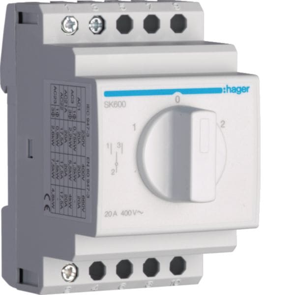 HAGER BOCCHIOTTI - Invertitore Unipolare Senza Ritorno A Zero 20 A 400 V Ac 1 Na-Nc 3 M. Din