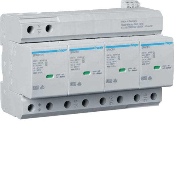 HAGER BOCCHIOTTI - SPD combinati T1+T2 4P Uc 350V Iimp 25kA Up 1.5kV TNS/TT con contatto ausiliario
