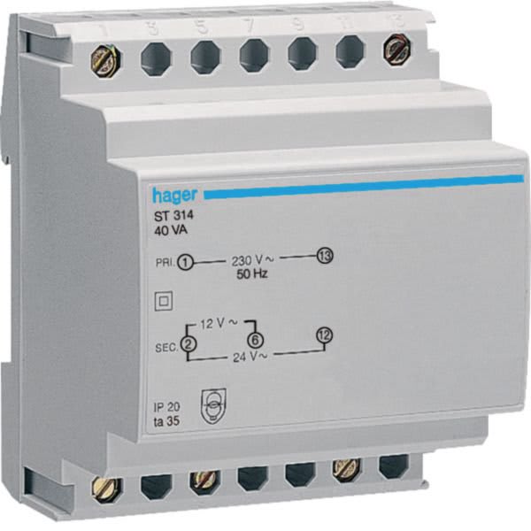 HAGER BOCCHIOTTI - Trasformatore Di Sicurezza 230 V - 12 - 24 V Ac 40 Va 4 M. Din