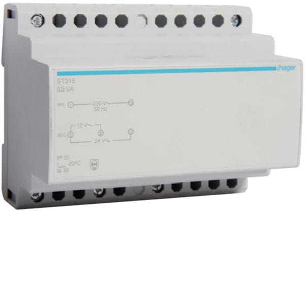 HAGER BOCCHIOTTI - Trasformatore Di Sicurezza 230 V - 12 - 24 V Ac 63 Va 6 M. Din