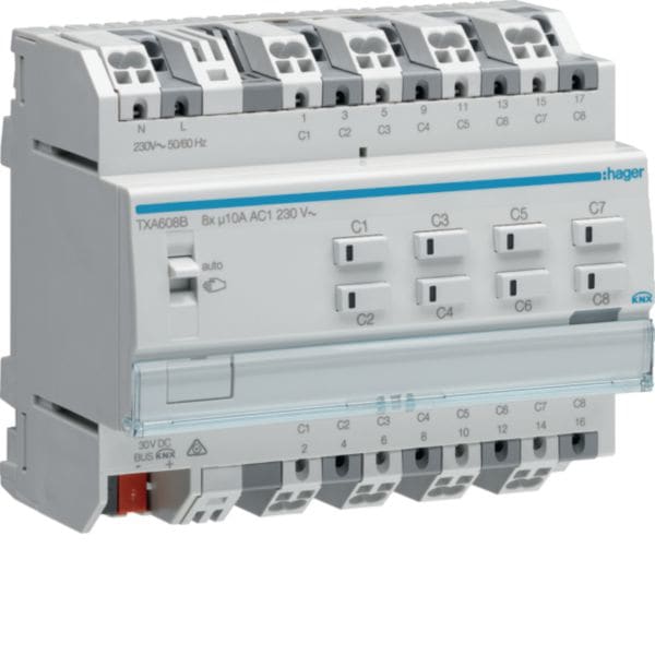 HAGER BOCCHIOTTI - MODULO USCITA ON/OFF BUS KNX - 8 OUT 10A AC1 230V - 4 MOD.DIN