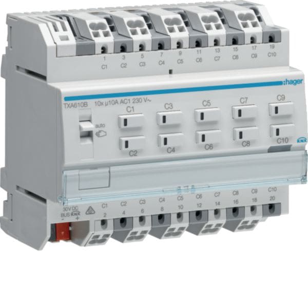 HAGER BOCCHIOTTI - MODULO USCITA ON/OFF BUS KNX - 10 OUT 10A AC1 230V - 6 MOD.DIN