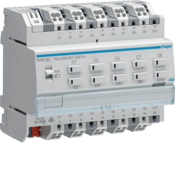 HAGER BOCCHIOTTI - MODULO USCITA ON/OFF BUS KNX - 10 OUT 16A AC1 230V CARICHI CAPACITIVI - 6 M. DIN
