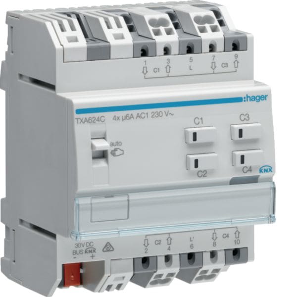 HAGER BOCCHIOTTI - MODULO VENEZIANE BUS KNX - 4 OUT 6A AC1 230V - 4 MOD.DIN