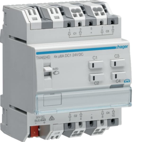 HAGER BOCCHIOTTI - MODULO VENEZIANE BUS KNX - 4 OUT 6A DC1 24V DC - 4 MOD.DIN