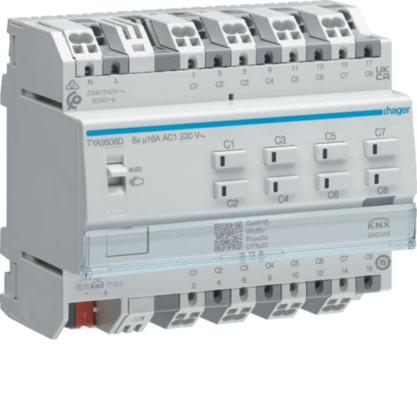 HAGER BOCCHIOTTI - Modulo KNX Secure 8 OUT 16A AC1 230V C-LOAD alim. ausiliaria 6M