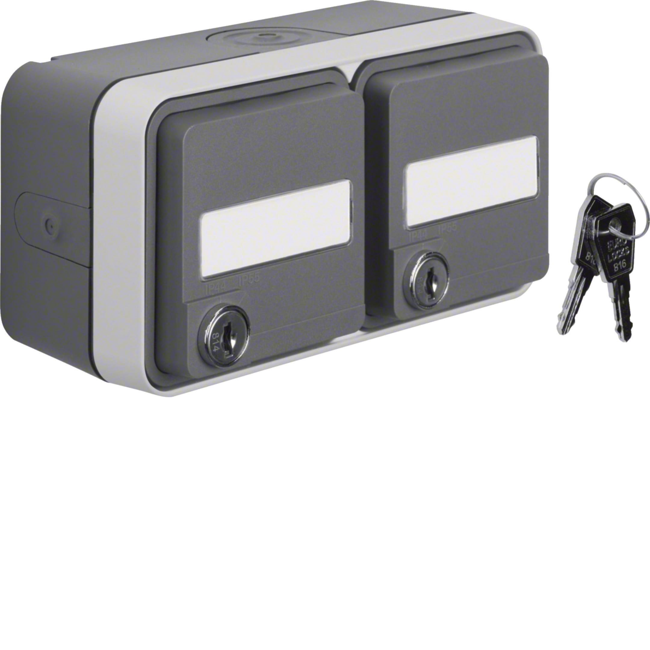 HAGER BOCCHIOTTI - Presa SCHUKO doppia coperchio + serrat. chiavi opposte + portaetich. W1. grigio