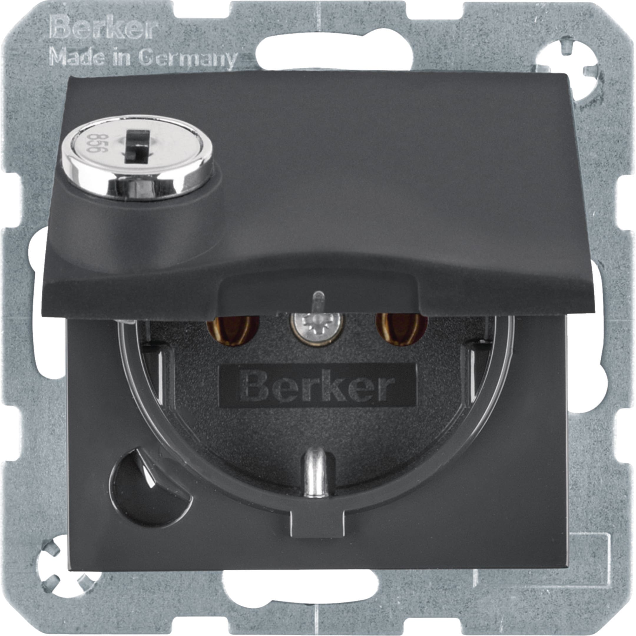 HAGER BOCCHIOTTI - Presa SCHUKO con mors. sollev. a vite, anta battente, serratura, antracite opaco