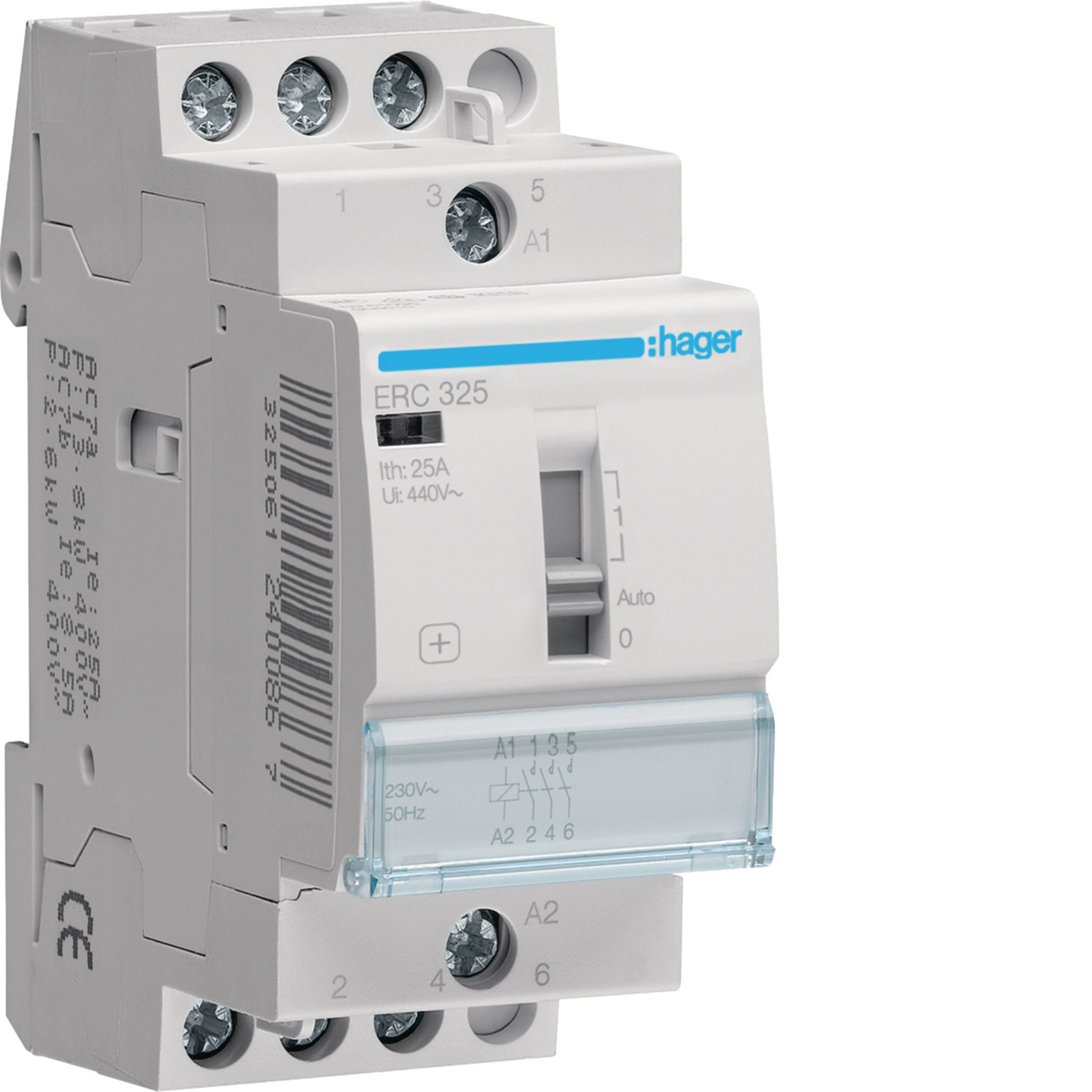 HAGER BOCCHIOTTI - Contattore a comando manuale 25 A 230 V AC 3 NA 2 moduli DIN