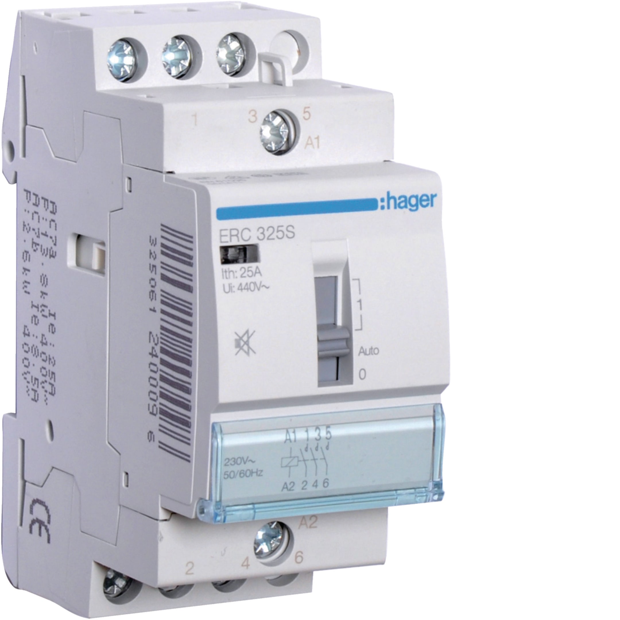 HAGER BOCCHIOTTI - Contattore a comando manuale silenzioso 25 A 230 V AC 3 NA 2 moduli DIN