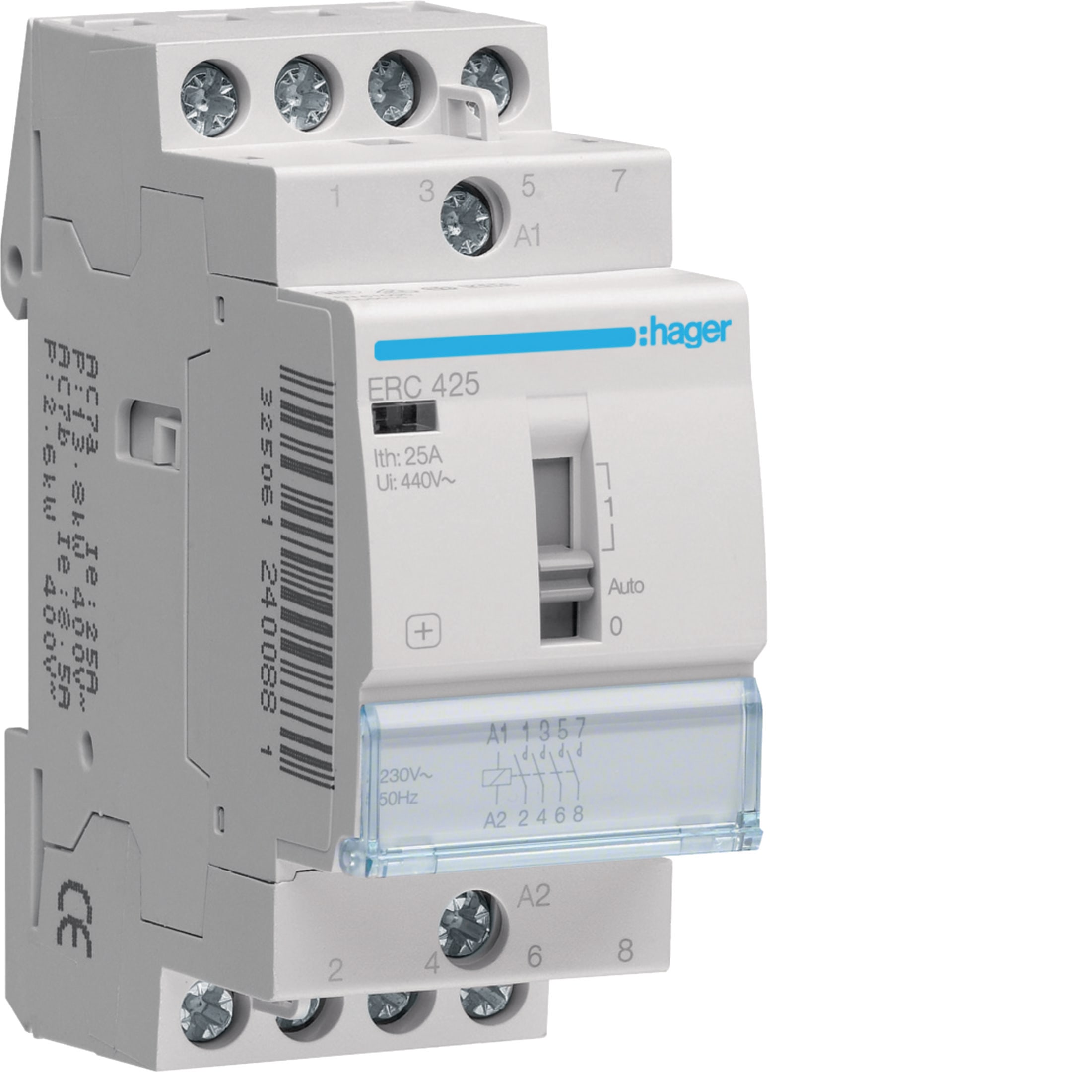 HAGER BOCCHIOTTI - Contattore comando manuale eco 4 NA 230 V AC 25 A 2 moduli DIN