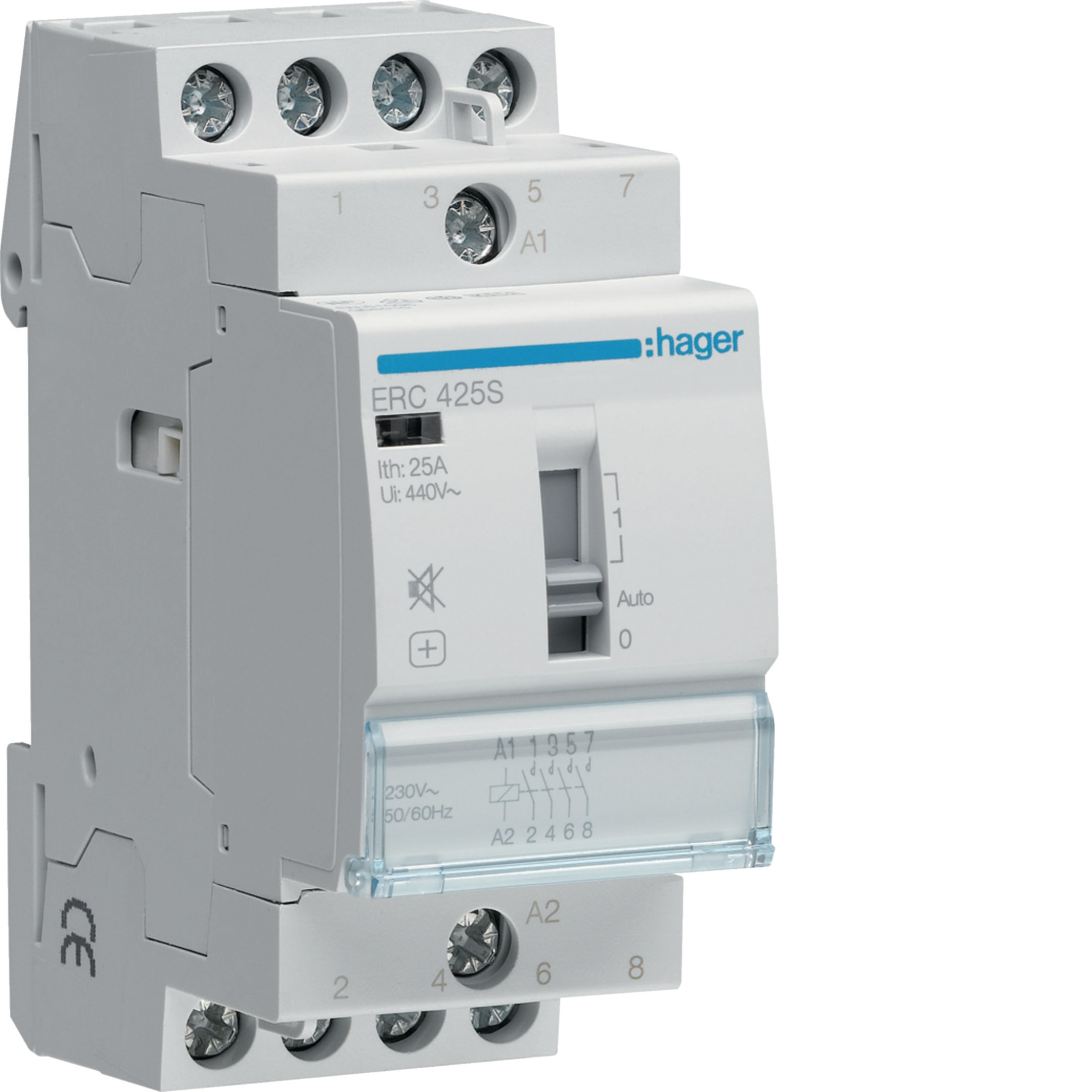 HAGER BOCCHIOTTI - Contattore comando manuale silenzioso 4 NA 230 V AC 25 A 2 moduli DIN
