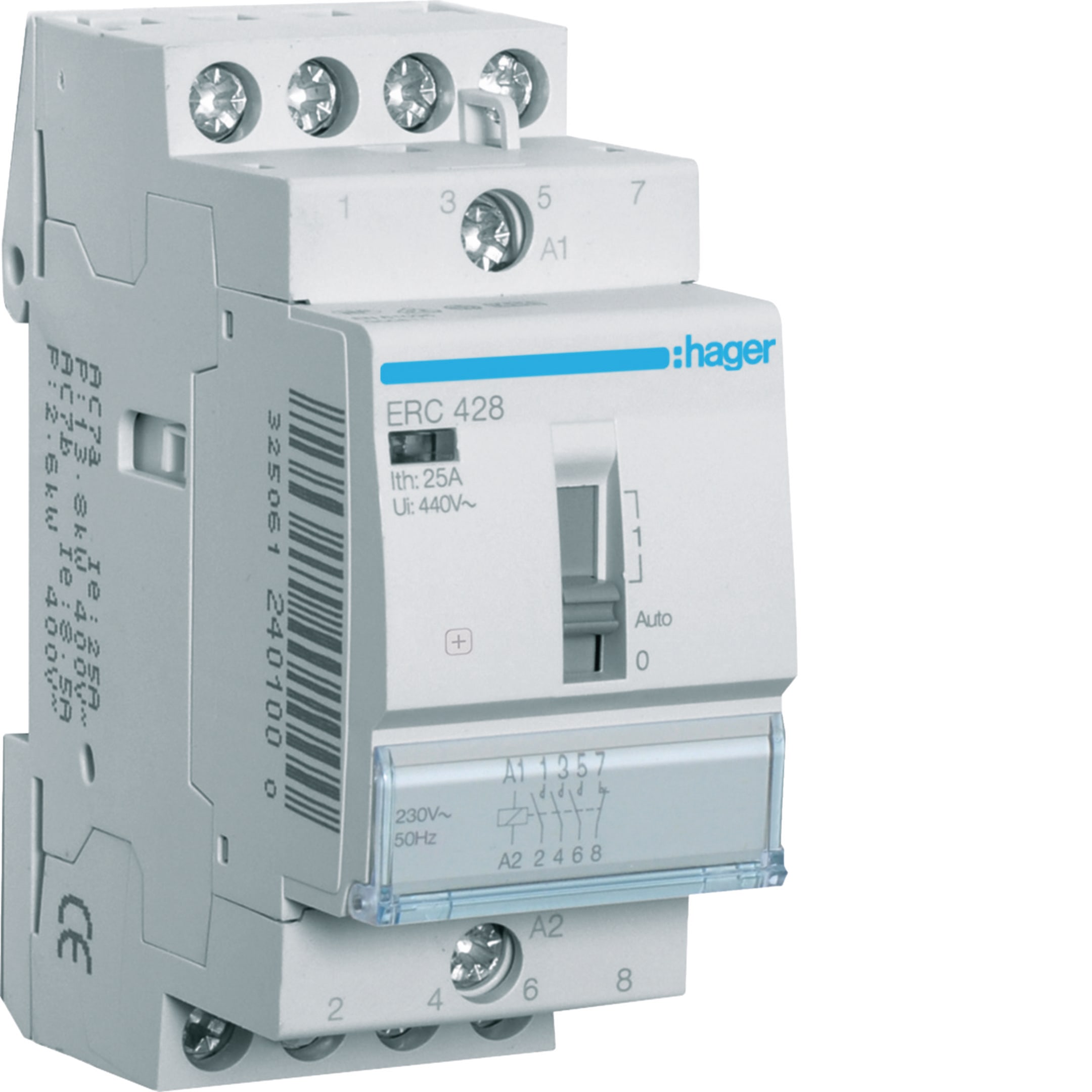 HAGER BOCCHIOTTI - Contattore a comando manuale 25 A 230 V AC 3 NA+1 NC 2 moduli DIN
