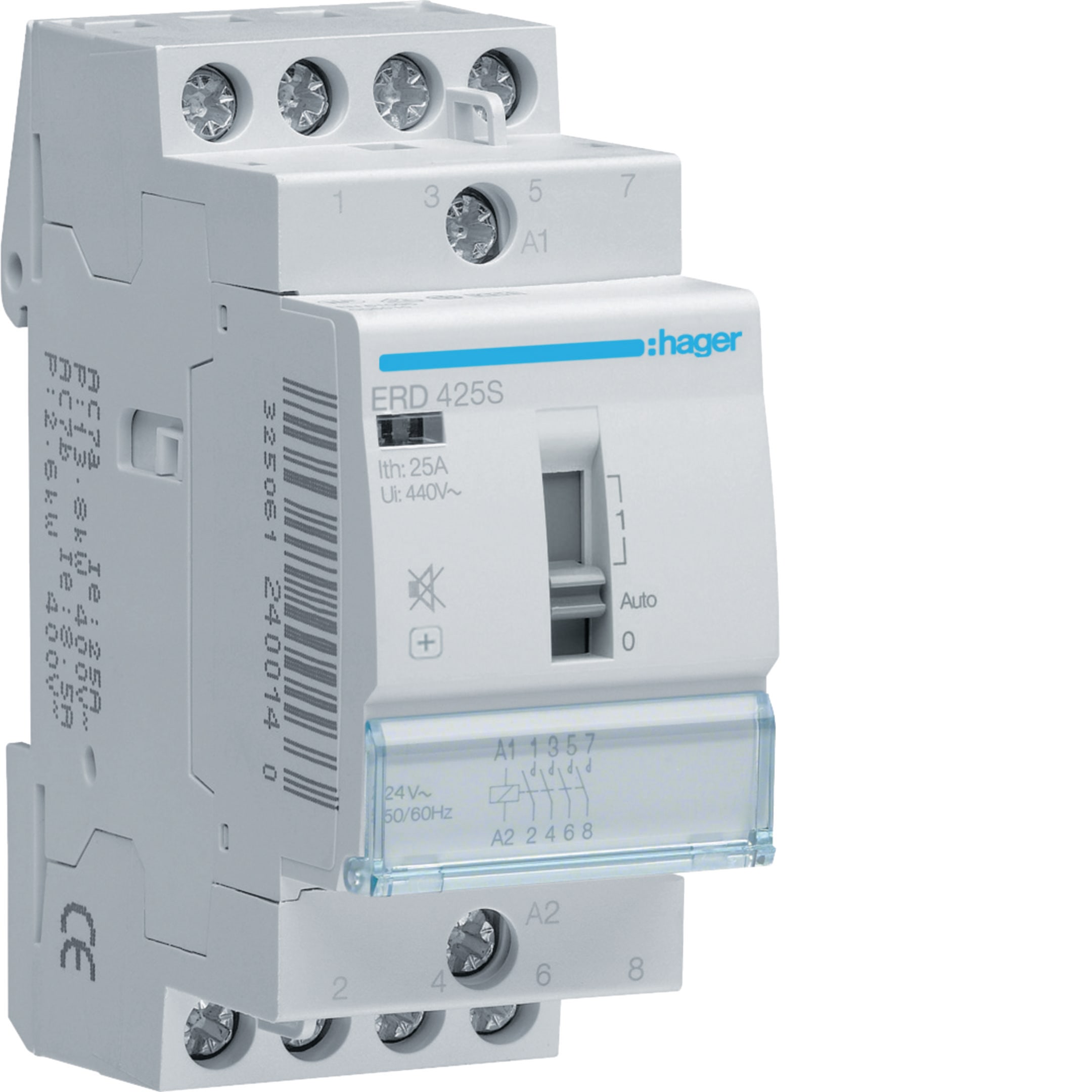 HAGER BOCCHIOTTI - Contattore a comando manuale silenzioso 25 A 24 VAC / VDC 4 NA 2 moduli DIN