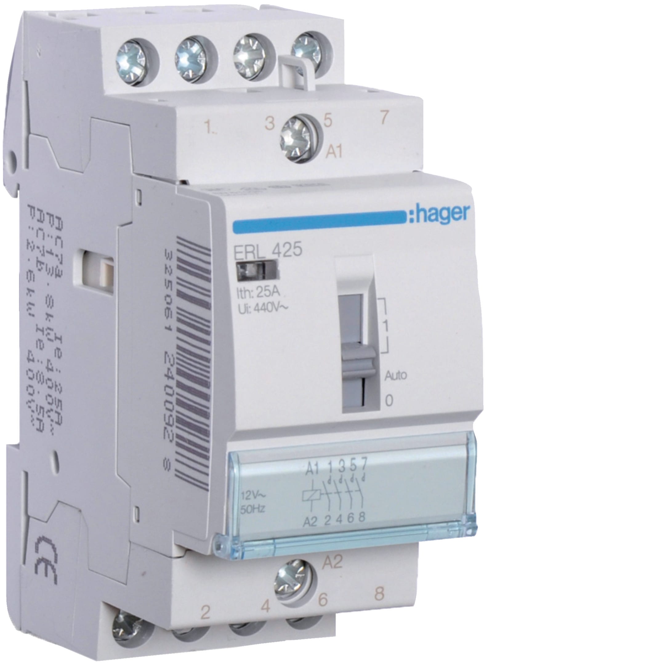 HAGER BOCCHIOTTI - Contattore a comando manuale 25 A 12V AC 4 NA 2 moduli DIN