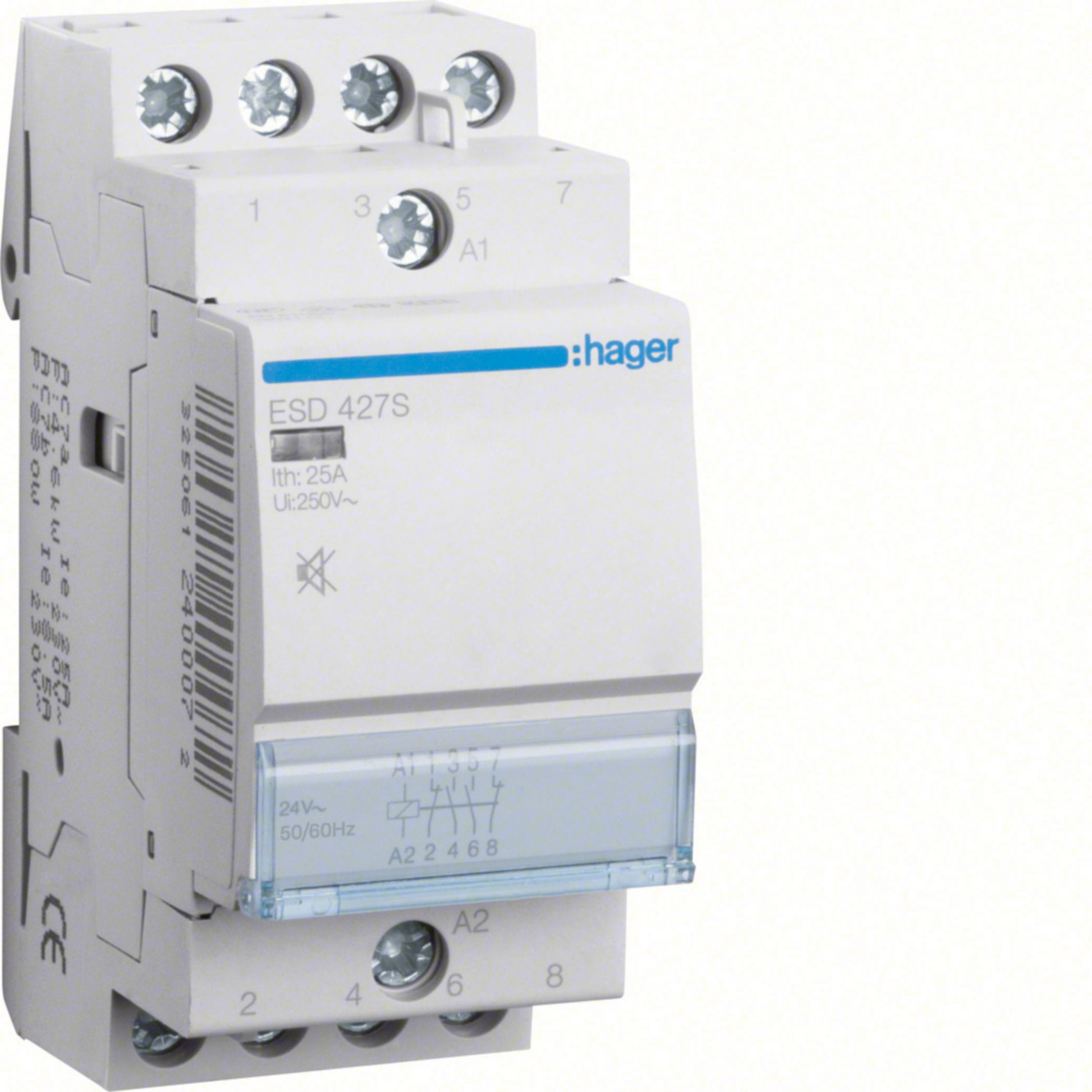 HAGER BOCCHIOTTI - Contattore silenzioso 25 A 24 VAC / VDC 2 NA + 2 NC 2 moduli DIN