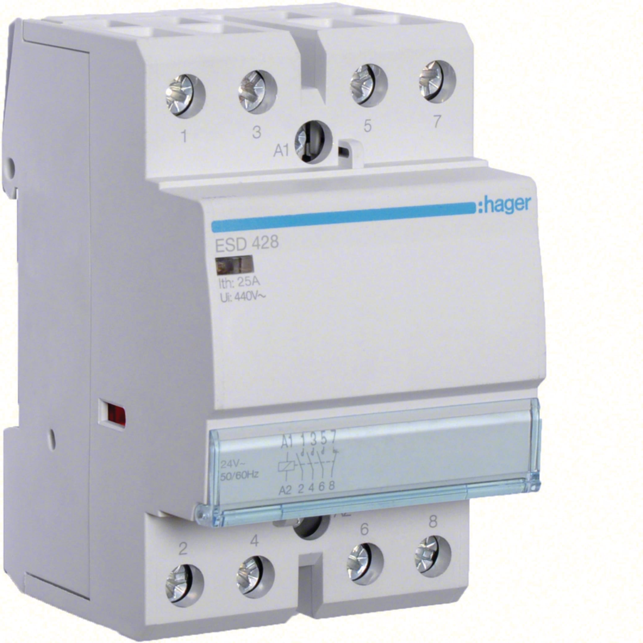 HAGER BOCCHIOTTI - Contattore eco 25 A 24 V AC 3 NA + 1 NC 2 moduli DIN