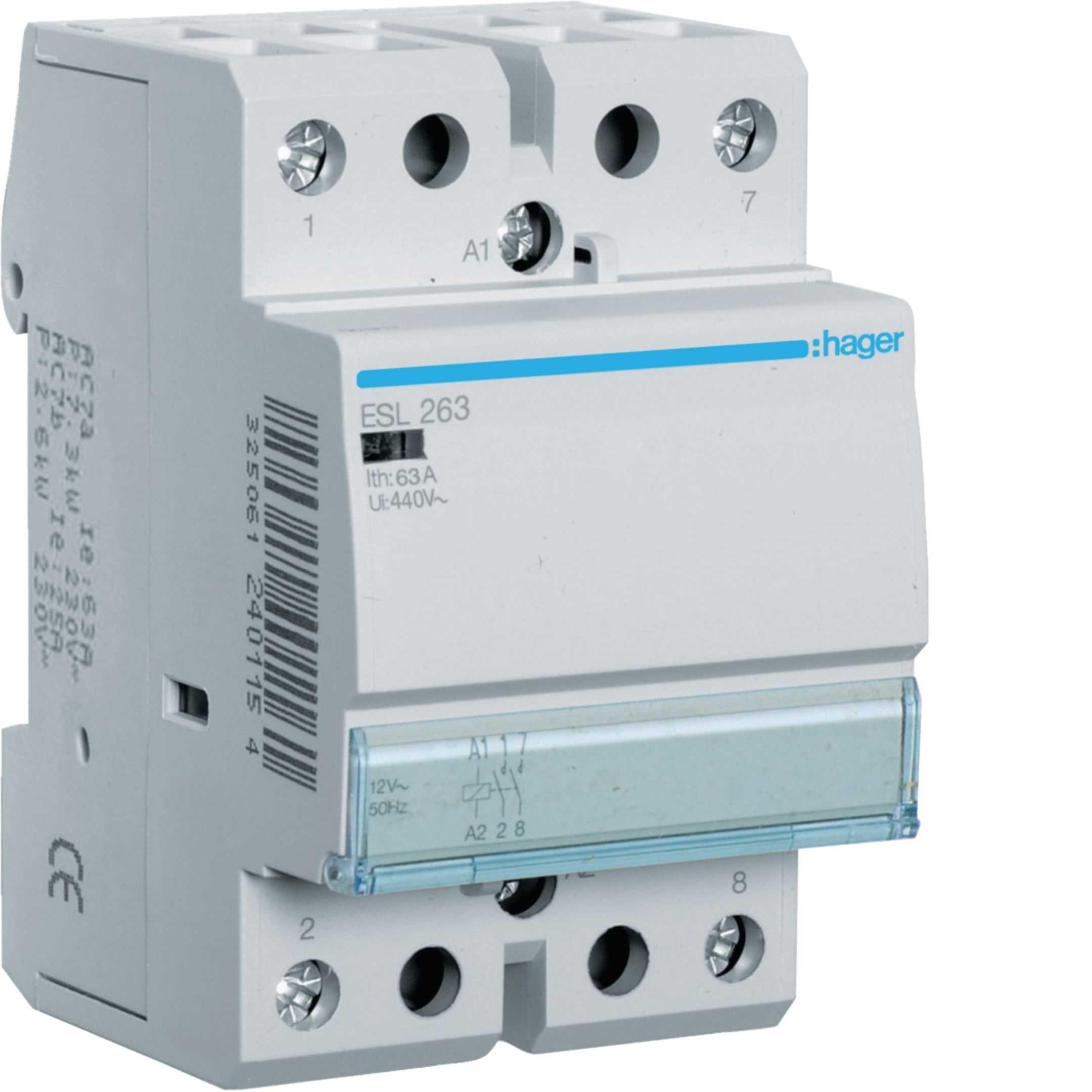 HAGER BOCCHIOTTI - Contattore standard 63 A 12 V AC 2 NA 3 moduli DIN