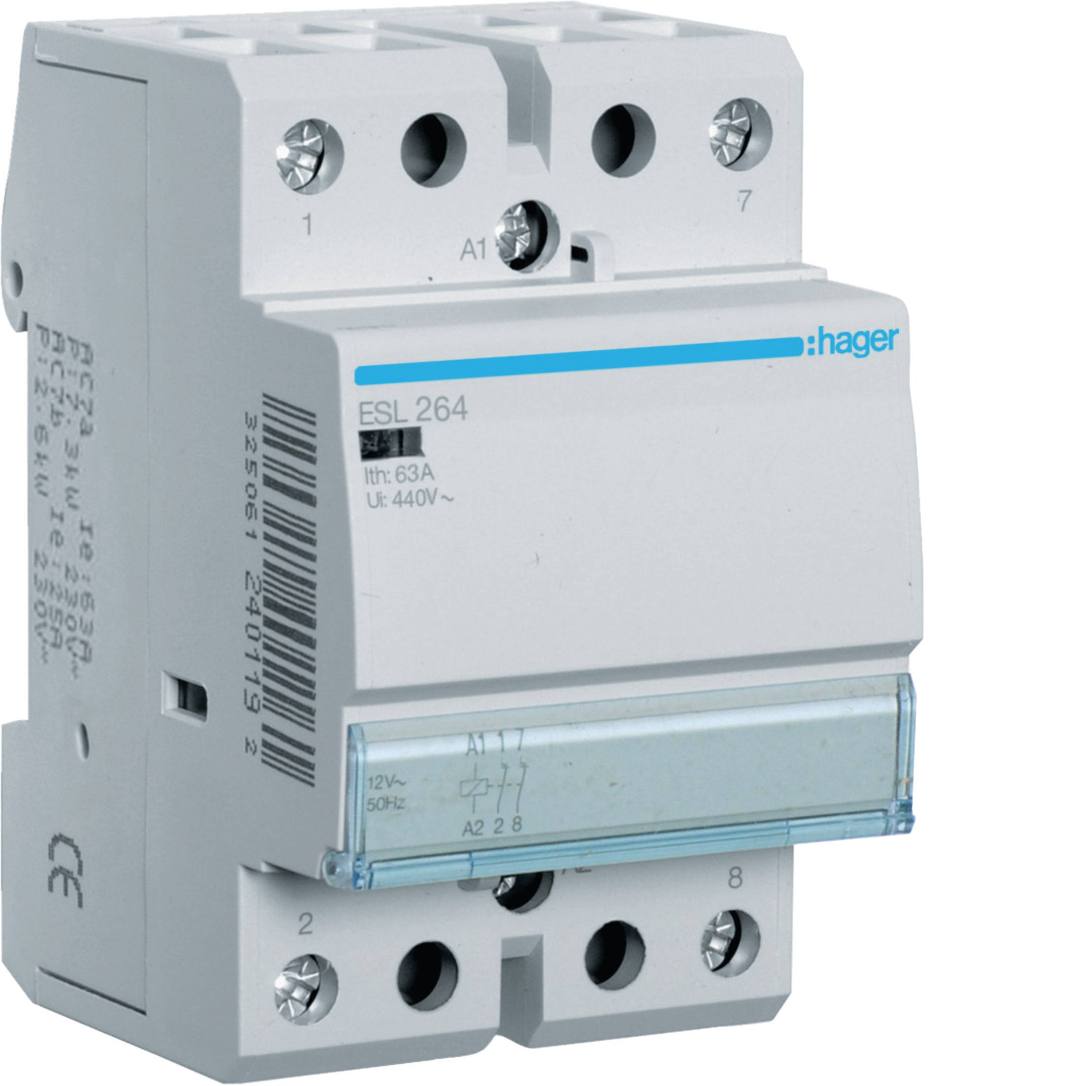 HAGER BOCCHIOTTI - Contattore standard 63 A 12 V AC 2 NC 3 moduli DIN