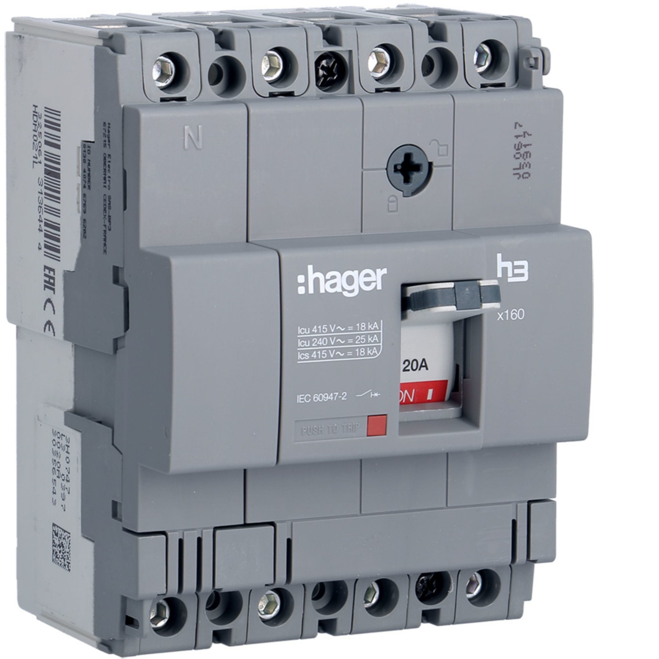 HAGER BOCCHIOTTI - Interruttore automatico scatolato h3 x160 TM 4P 18kA 20A