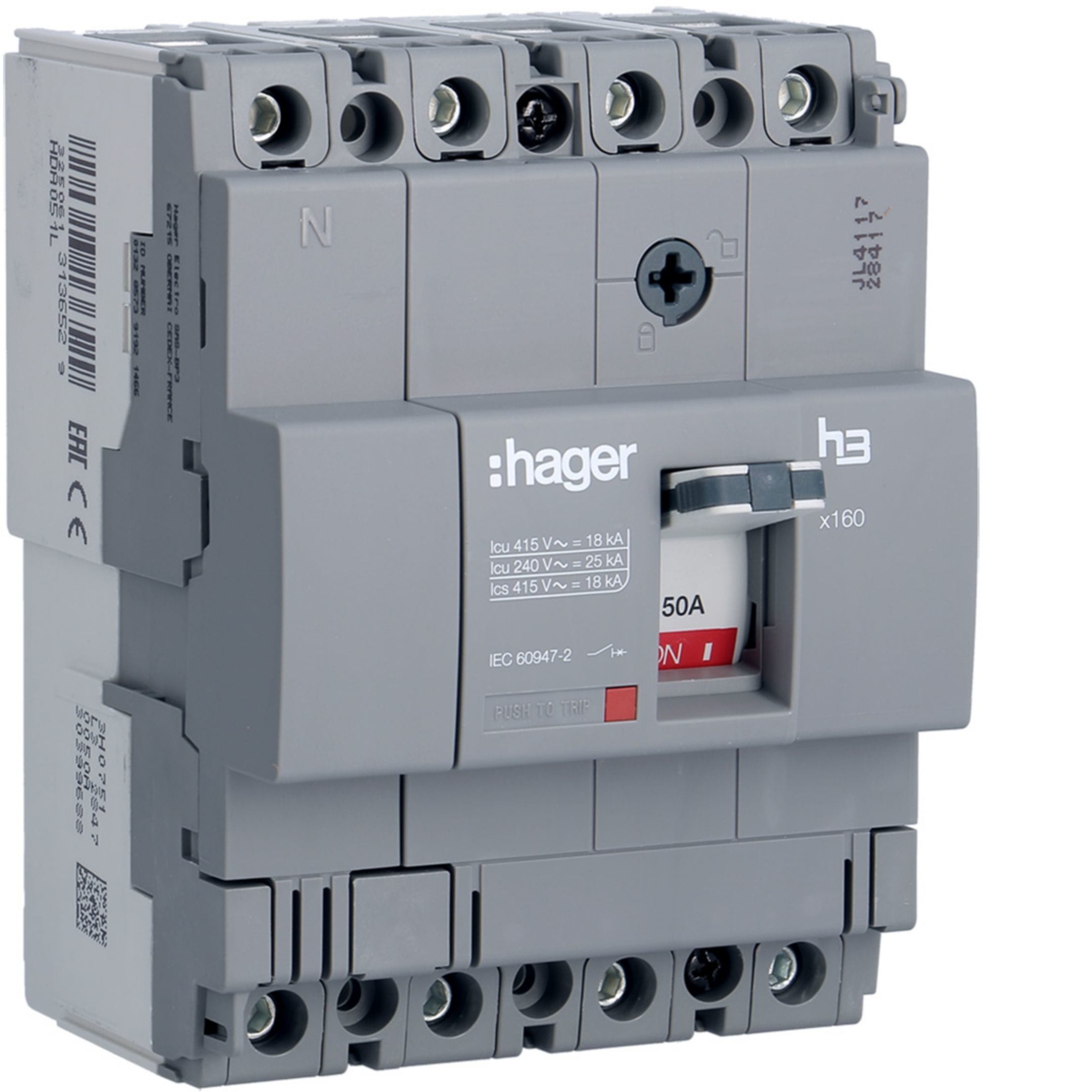HAGER BOCCHIOTTI - Interruttore automatico scatolato h3 x160 TM 4P 18kA 50A