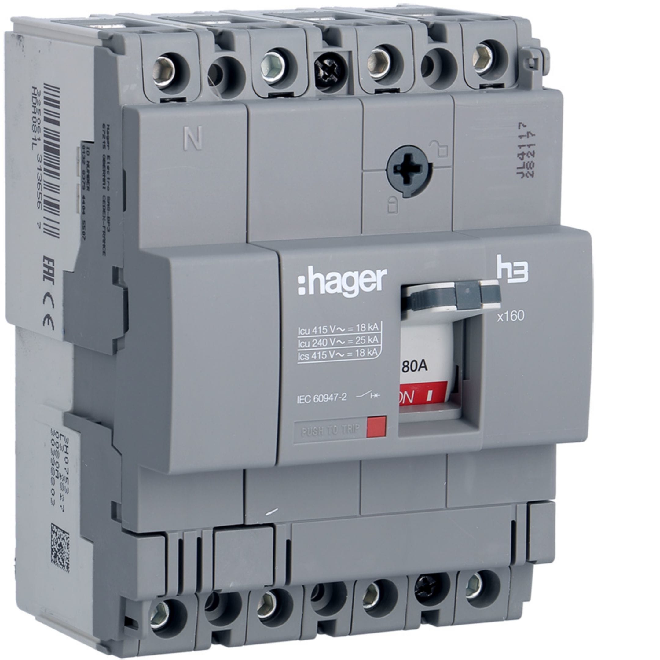 HAGER BOCCHIOTTI - Interruttore automatico scatolato h3 x160 TM 4P 18kA 80A