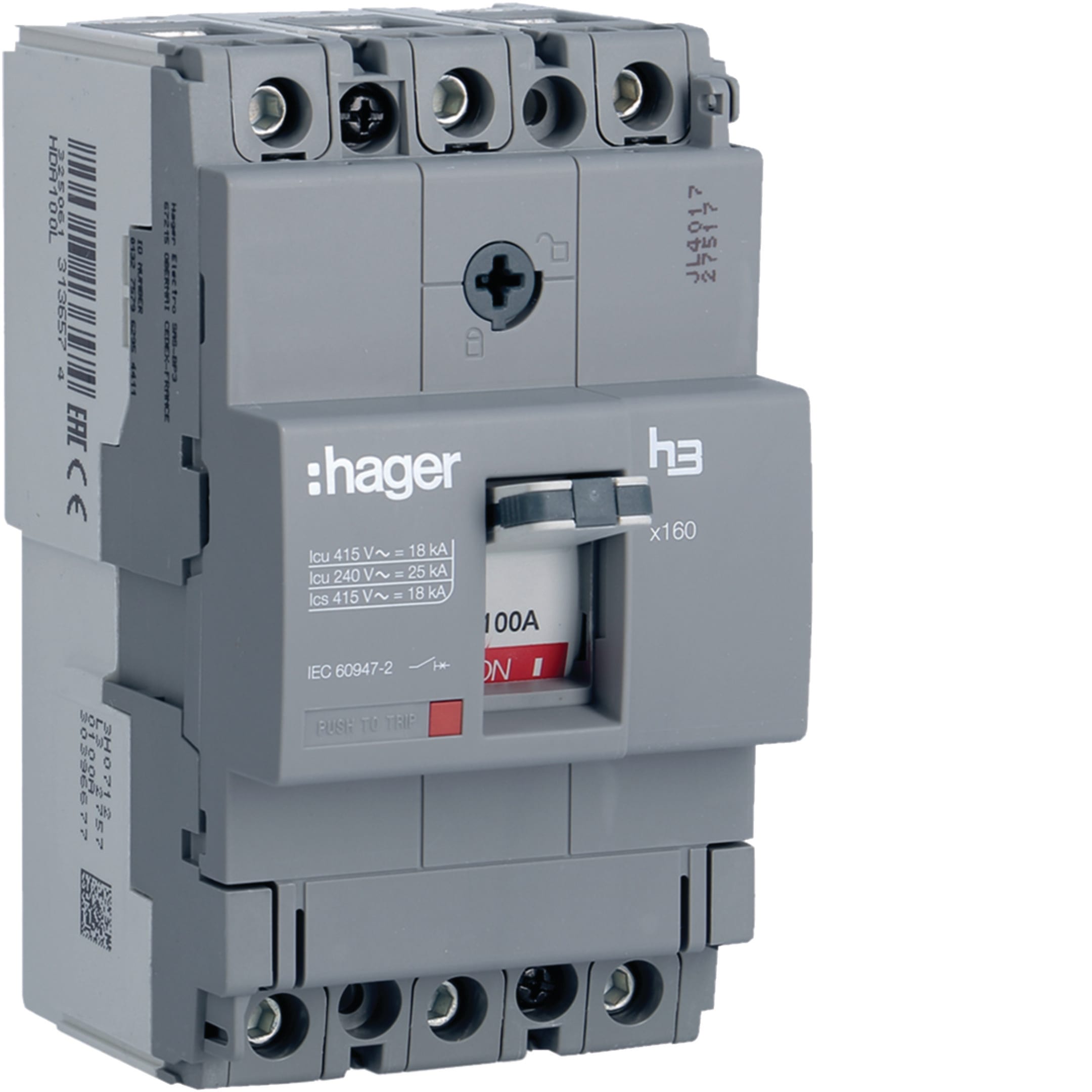 HAGER BOCCHIOTTI - Interruttore automatico scatolato h3 x160 TM 3P 18kA 100A