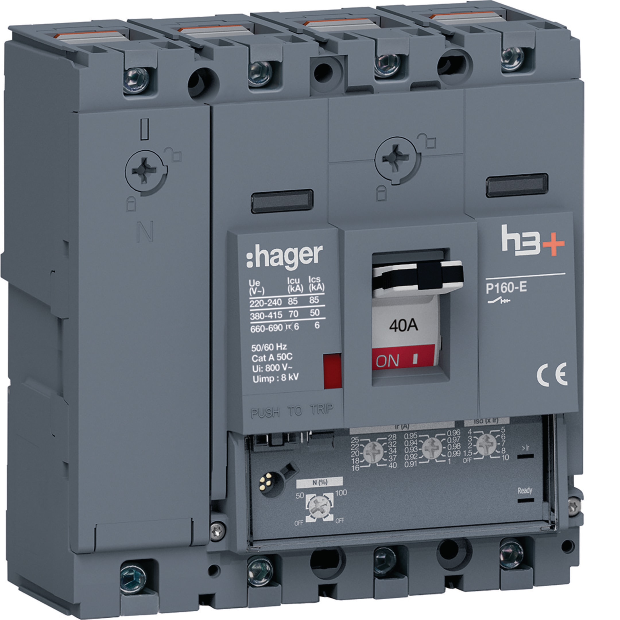 HAGER BOCCHIOTTI - Interruttore automatico scatolato h3+ P160 LSnI 4P 70kA 40A neutro regolabile
