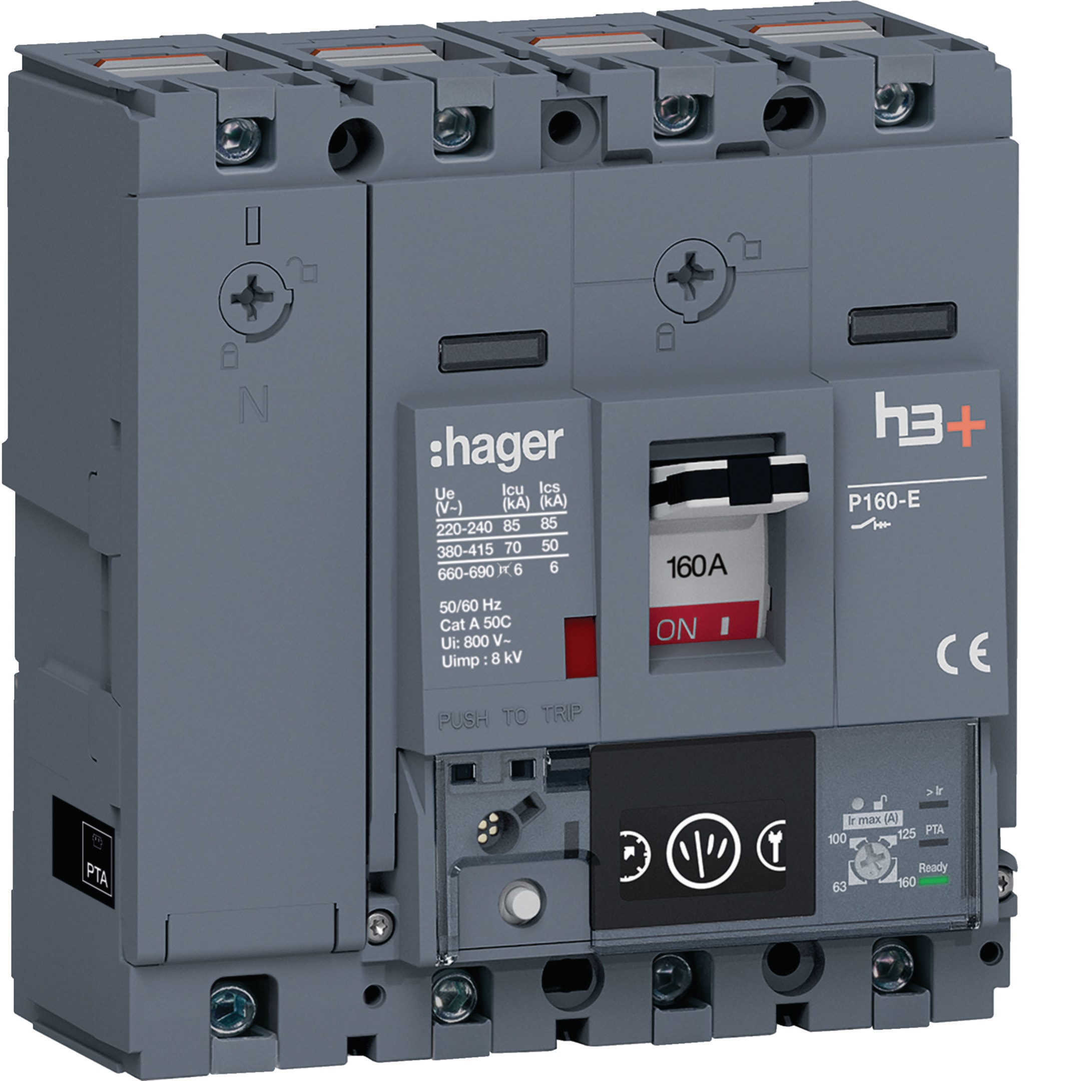 HAGER BOCCHIOTTI - Interruttore scatolato h3+ P160 LSIG Energy 4P 70kA 160A neutro regolabile
