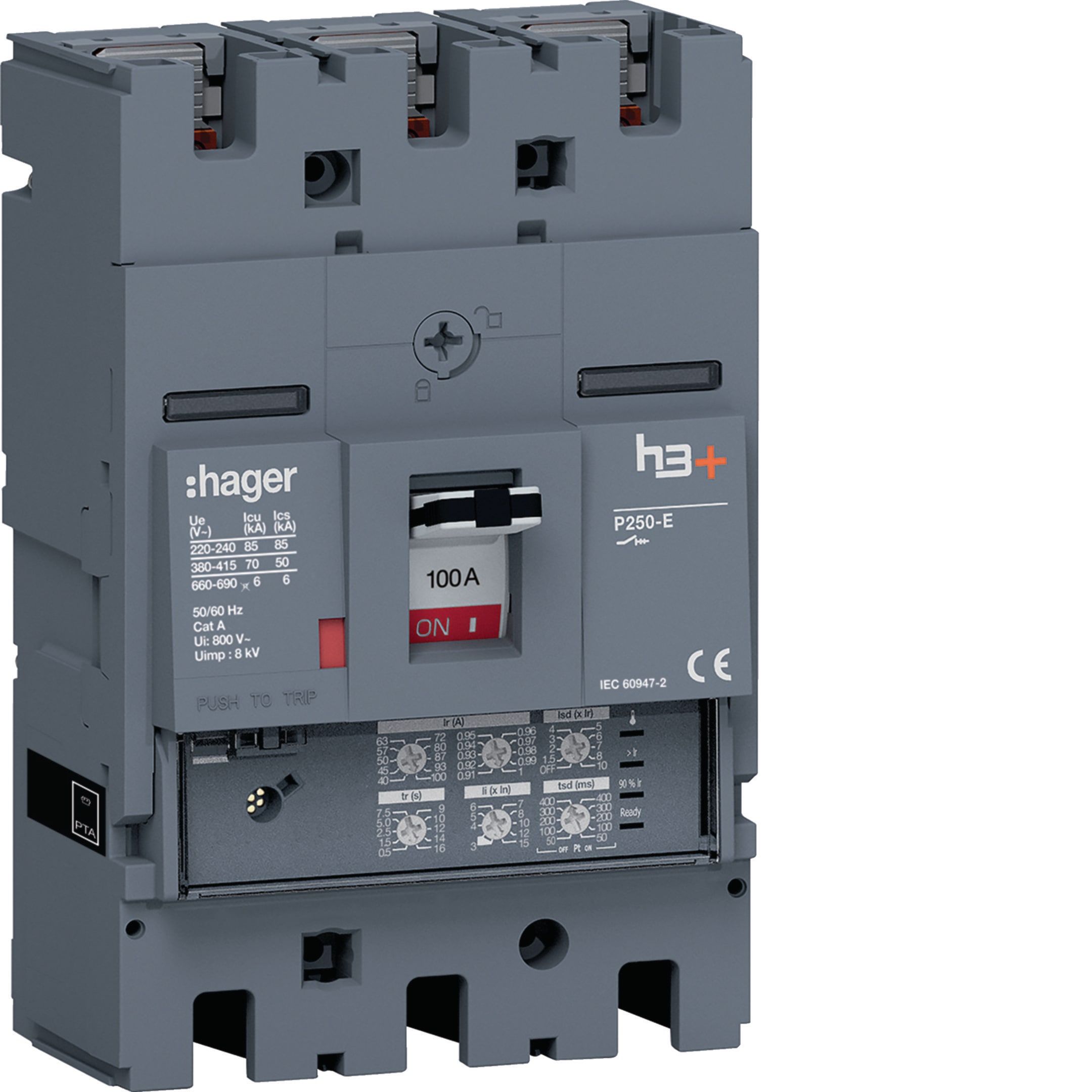 HAGER BOCCHIOTTI - Interruttore automatico scatolato h3+ P250 LSI 3P 70kA 100A