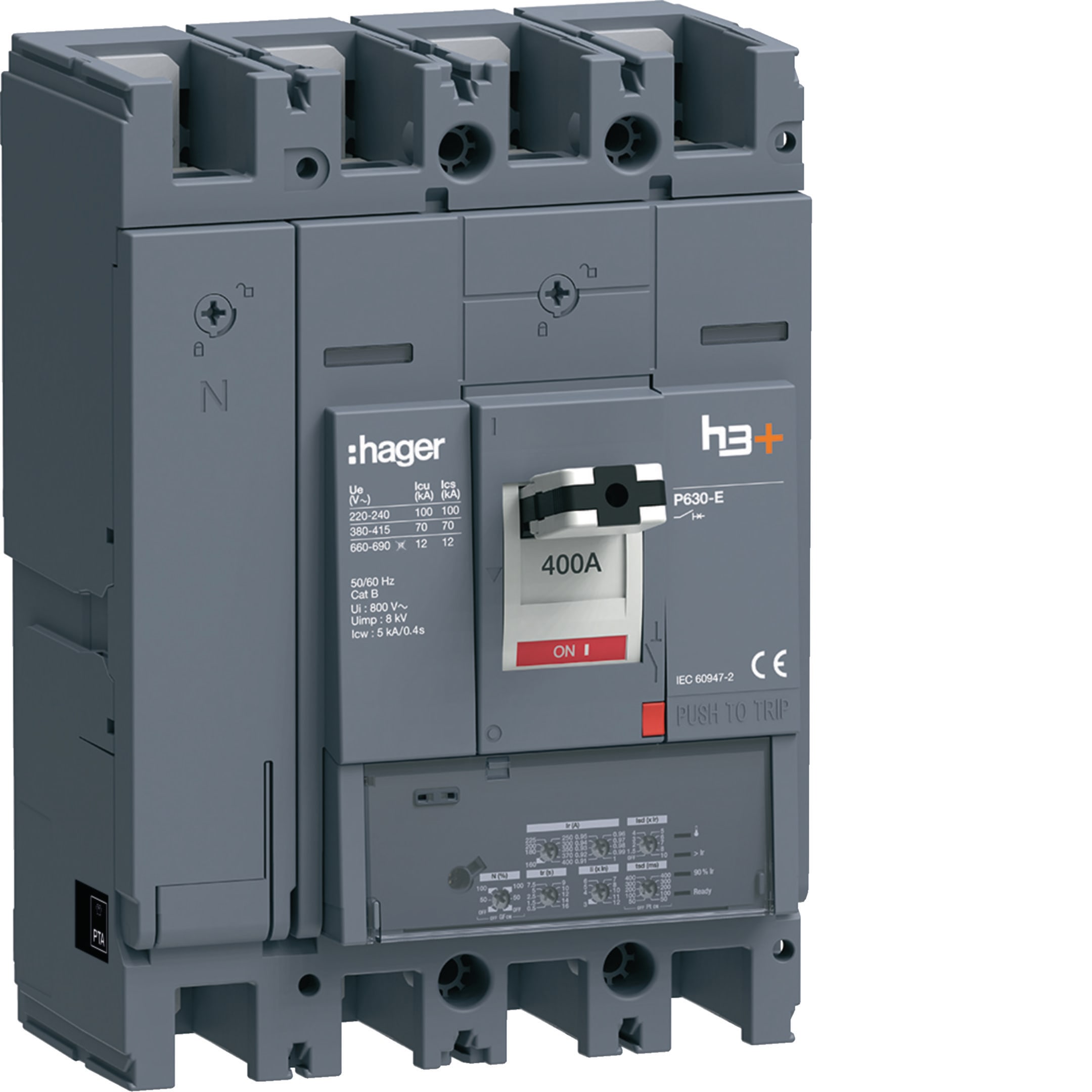 HAGER BOCCHIOTTI - Interruttore automatico scatolato h3+ P630 LSIG 4P 70kA 400A neutro regolabile