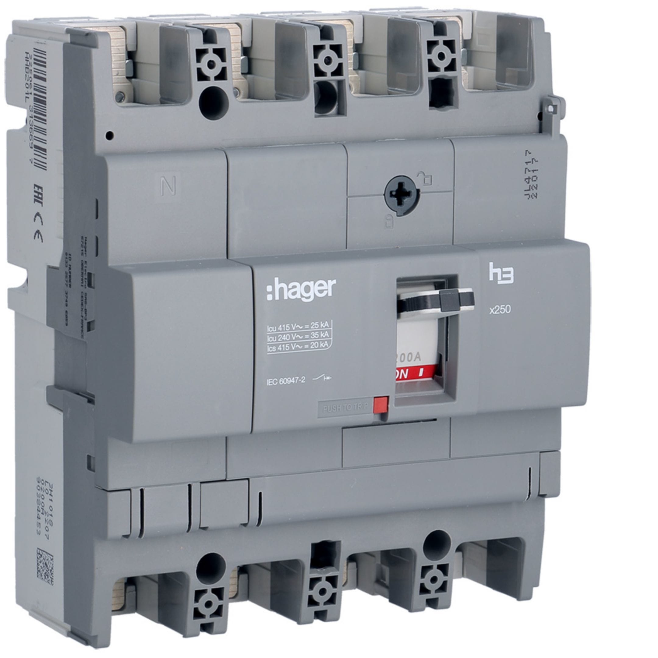 HAGER BOCCHIOTTI - Interruttore automatico scatolato h3 x250 TM 4P 25kA 200A fisso