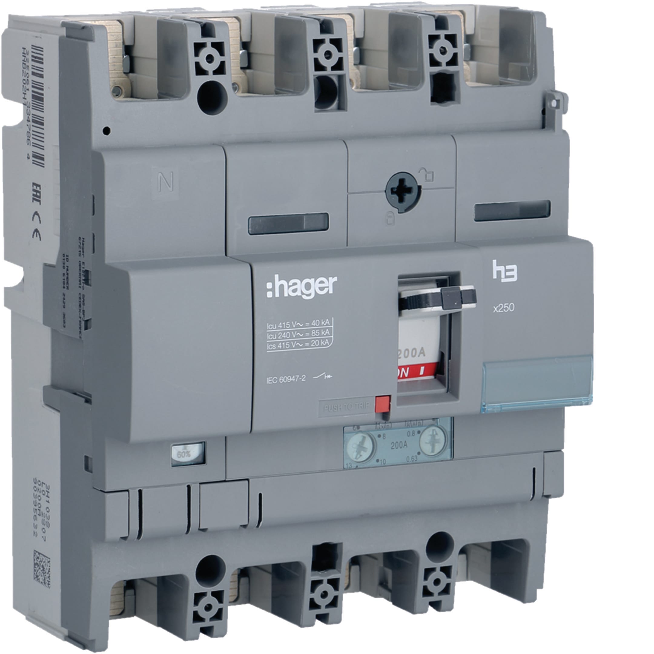 HAGER BOCCHIOTTI - Interruttore automatico scatolato h3 x250 TM 4P 40kA 200A neutro regolabile