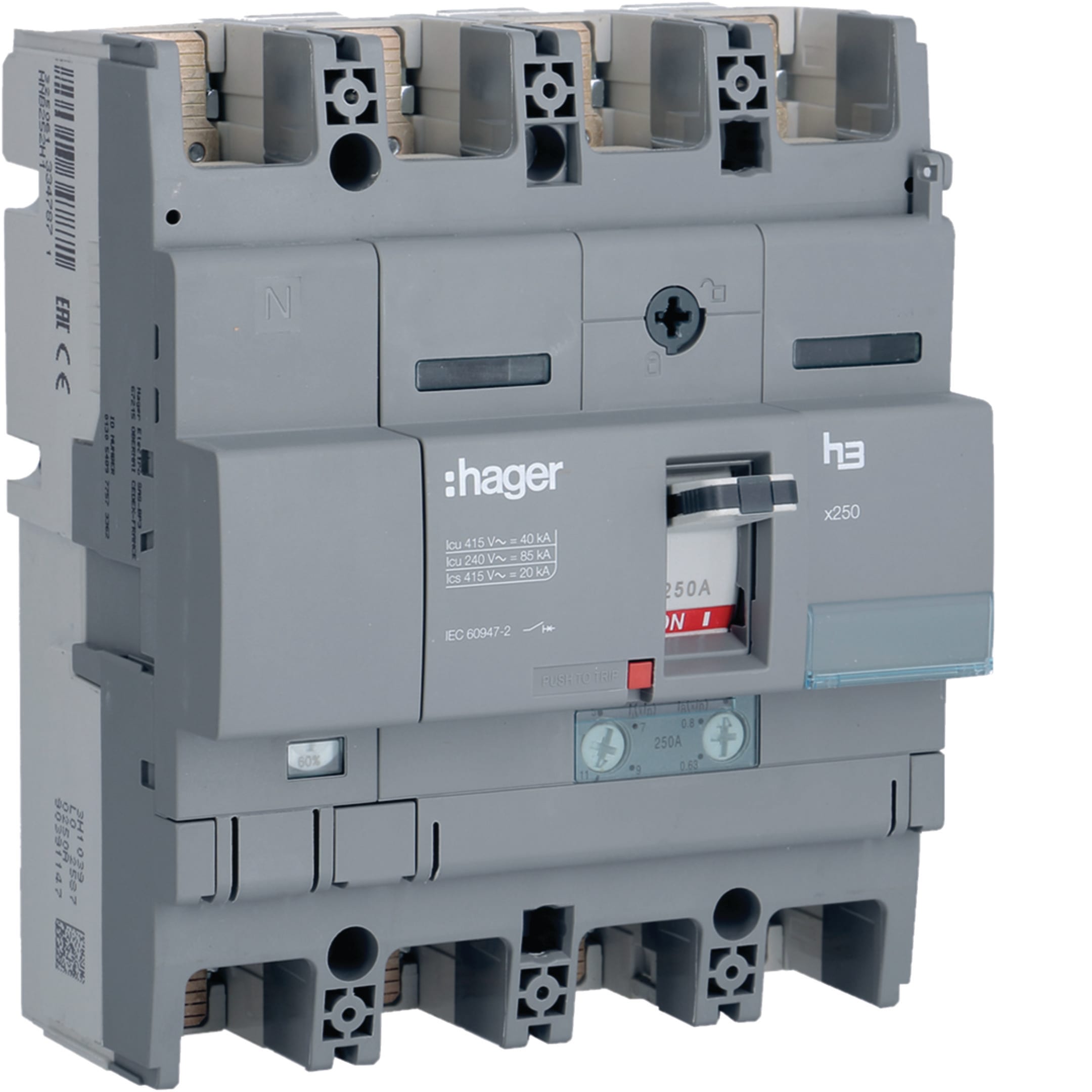 HAGER BOCCHIOTTI - Interruttore automatico scatolato h3 x250 TM 4P 40kA 250A neutro regolabile