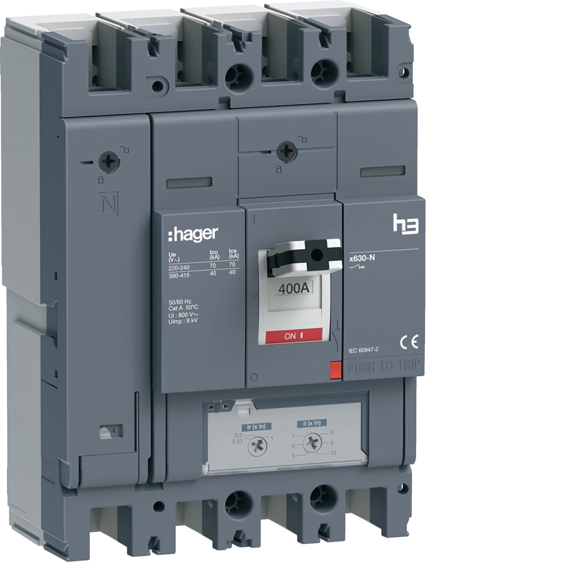 HAGER BOCCHIOTTI - Interruttore automatico scatolato h3 x630 TM 4P 40kA 400A neutro regolabile