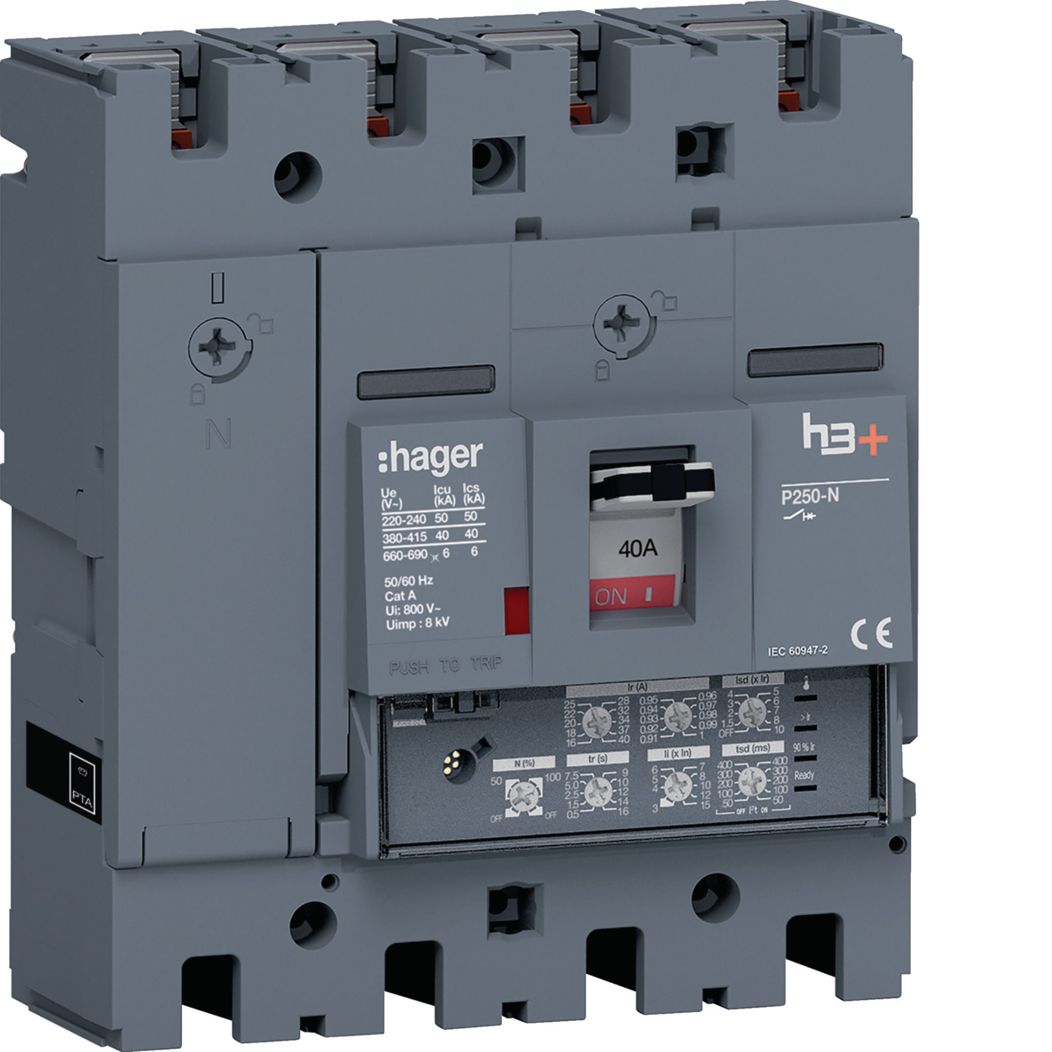 HAGER BOCCHIOTTI - Interruttore automatico scatolato h3+ P250 LSI 4P 40kA 40A neutro regolabile